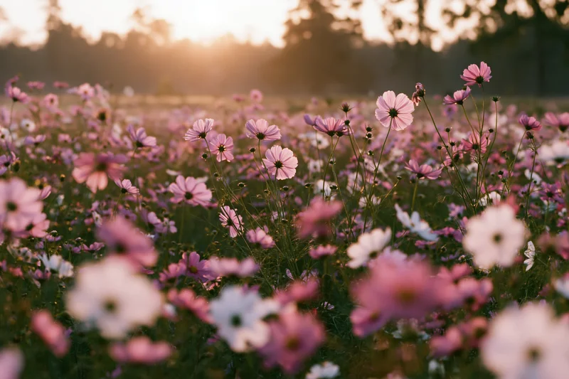 Dense field of pink and white cosmos flowers in full bloom at sunset