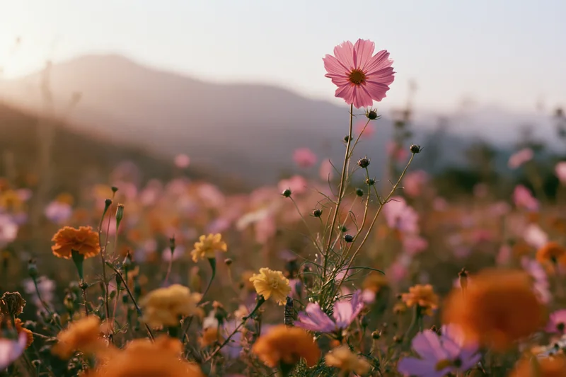 Cosmos and marigold flowers blooming in an open field with mountains in the distance