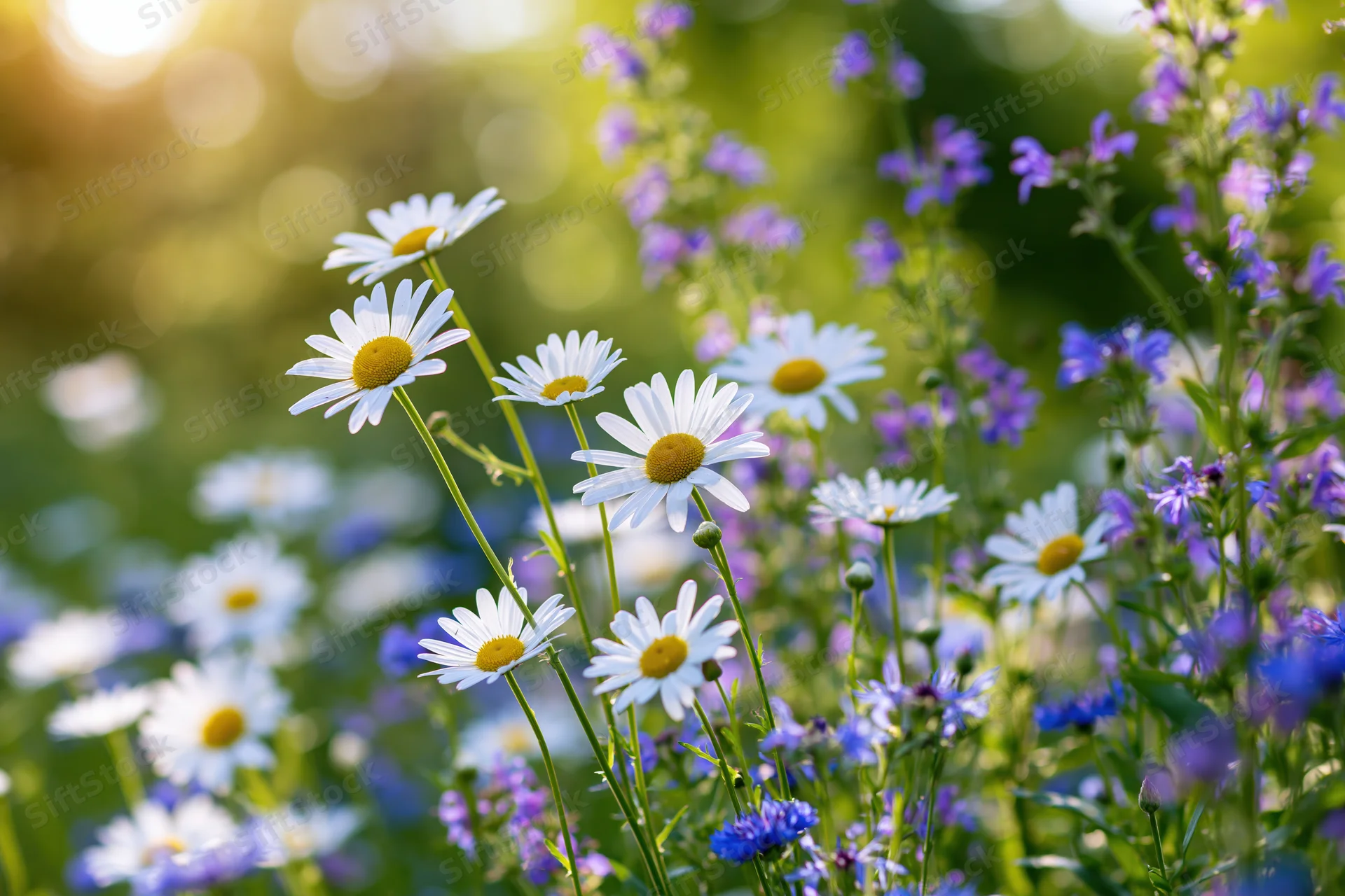 White daisies and purple wildflowers blooming in a sunlit meadow viewed from low angle