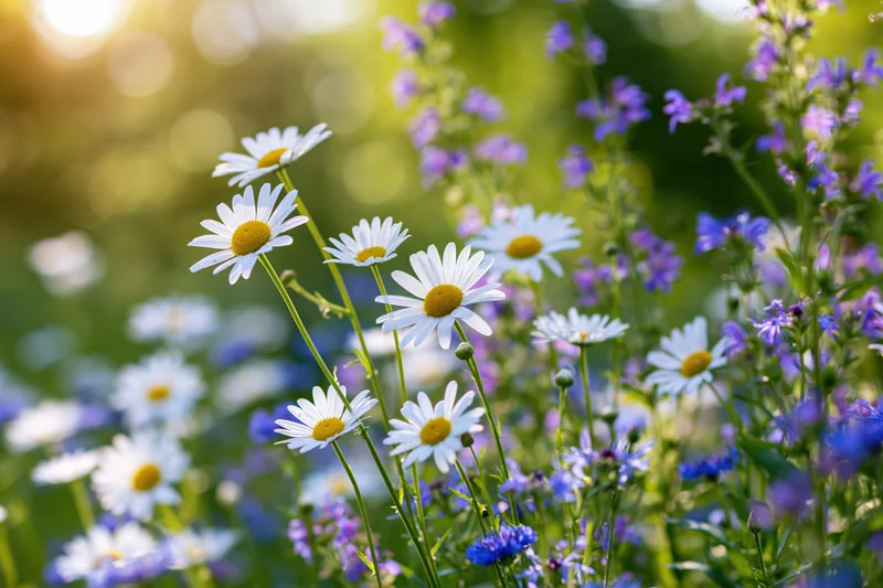 White daisies and purple wildflowers blooming in a sunlit meadow viewed from low angle