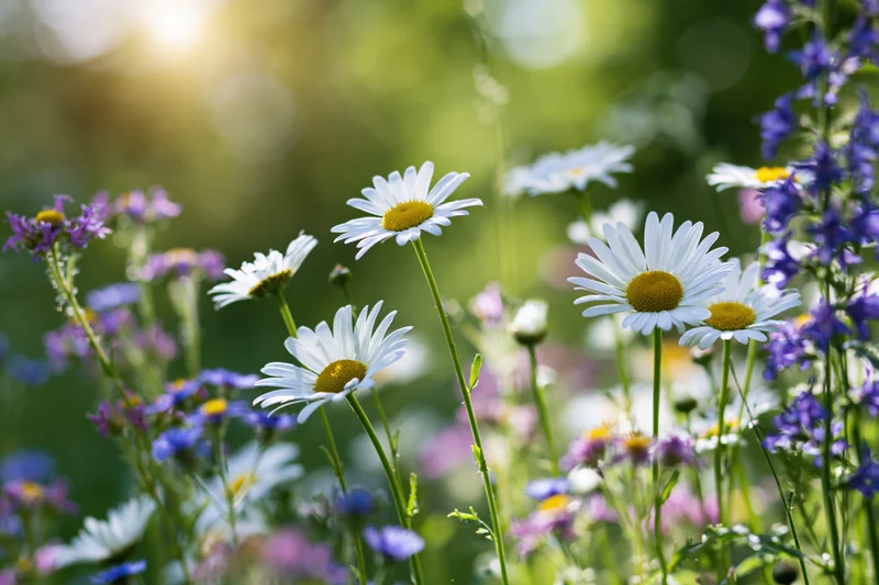 White daisies and purple wildflowers blooming in a sunlit meadow viewed from low angle