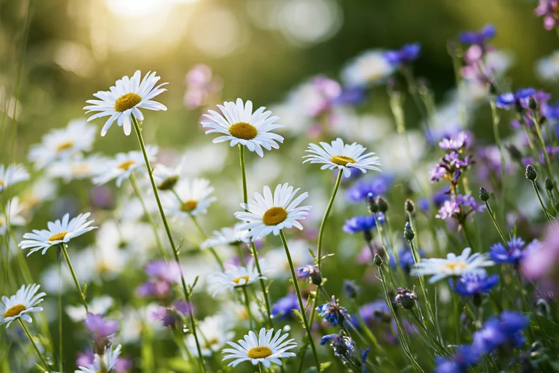Wild daisies and purple wildflowers blooming in a sunlit meadow viewed from low angle