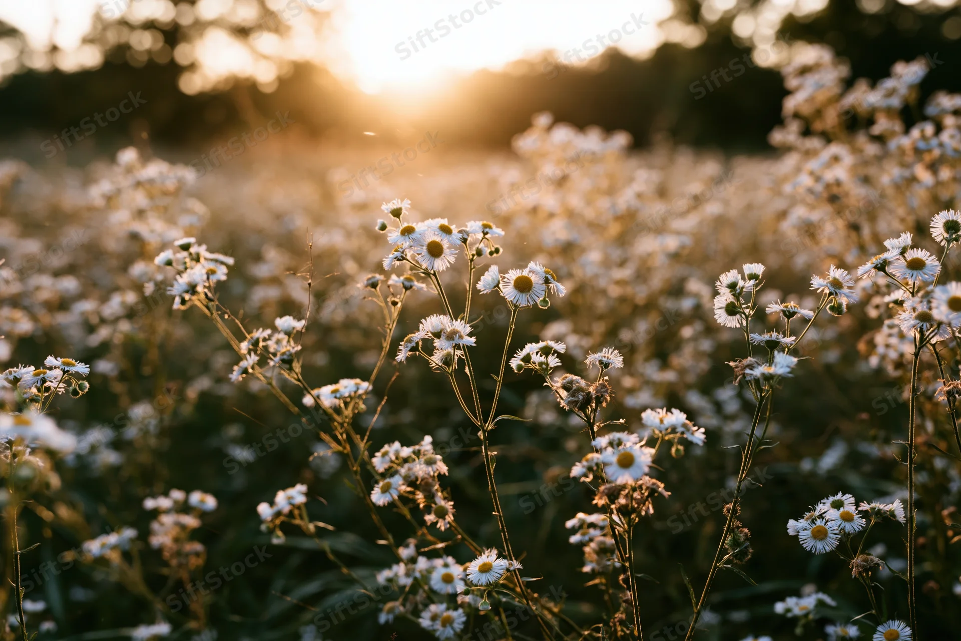 Wild daisy fleabane flowers blooming in an open meadow field at sunset
