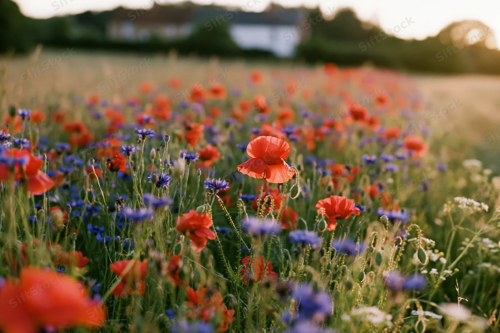 Dense wild meadow of red poppies and blue cornflowers growing in a green field