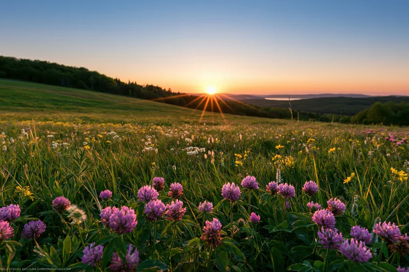 Pink clover and yellow wildflowers blooming in a grassy meadow at golden hour sunset
