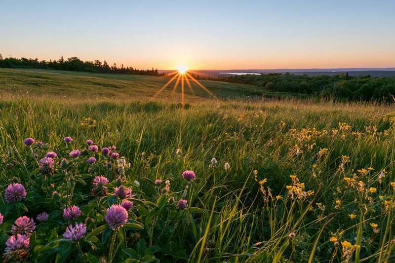 Pink clover and yellow wildflowers blooming in a grassy meadow at golden hour sunset