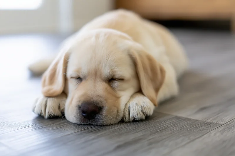 Yellow labrador puppy sleeping on grey wood-grain vinyl floor