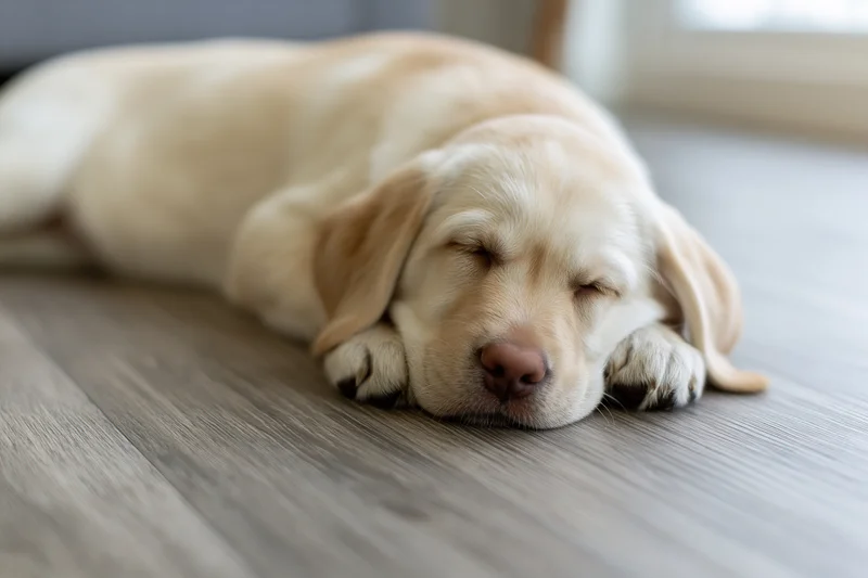 Yellow labrador puppy sleeping on gray wood-grain vinyl floor with paws under head