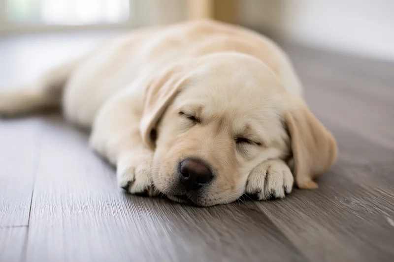 Yellow labrador puppy sleeping flat on grey wood-grain vinyl floor