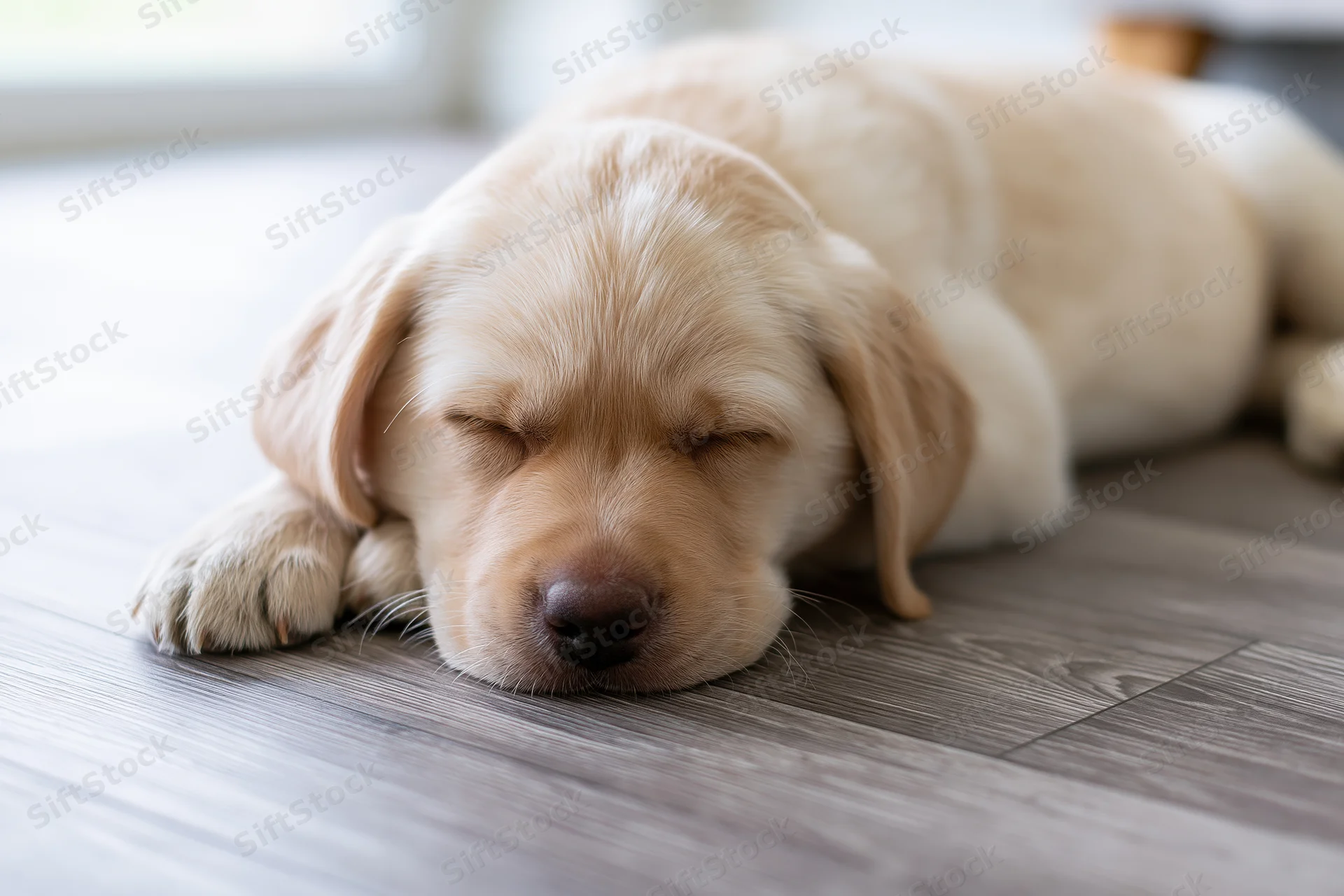 Yellow labrador puppy sleeping on grey wood-grain vinyl floor
