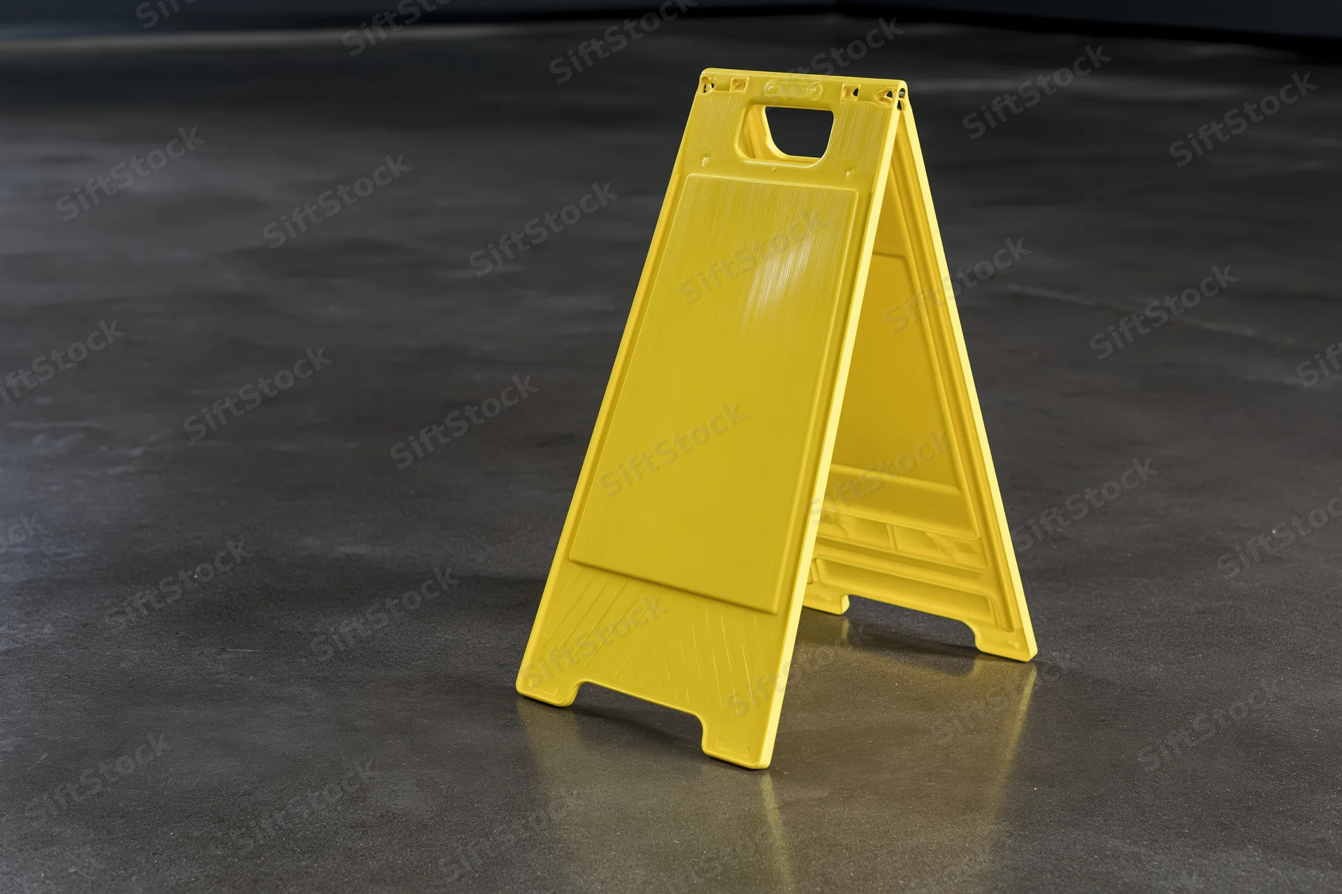 Yellow plastic a-frame caution sign standing upright on a gray concrete floor