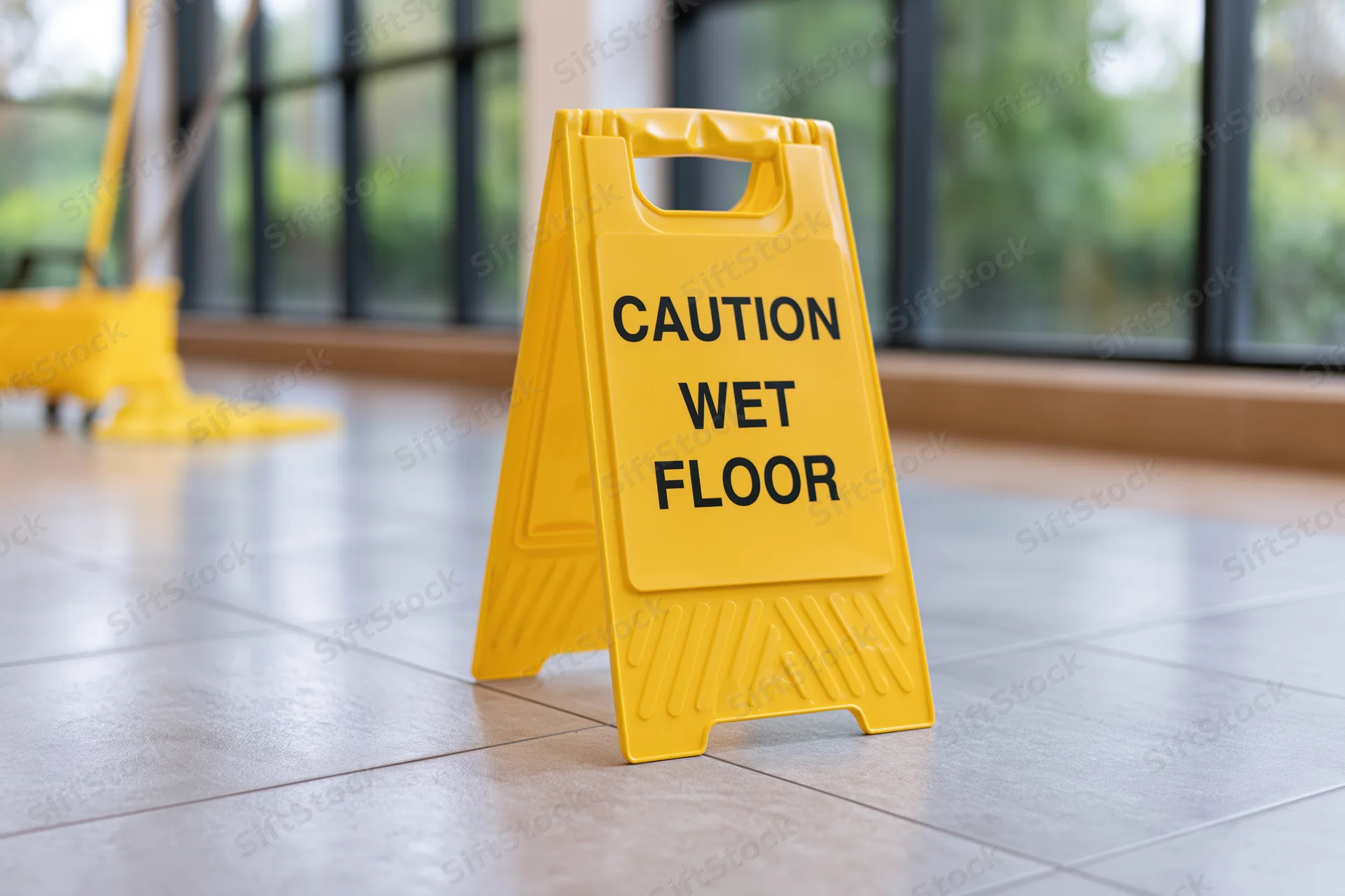 Yellow plastic caution wet floor aframe sign standing on tiled floor near cleaning equipment in commercial indoor space