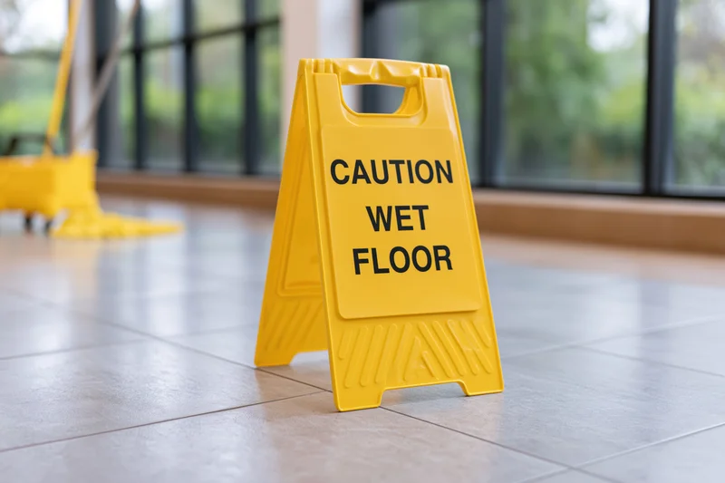 Yellow plastic caution wet floor aframe sign standing on tiled floor near cleaning equipment in commercial indoor space