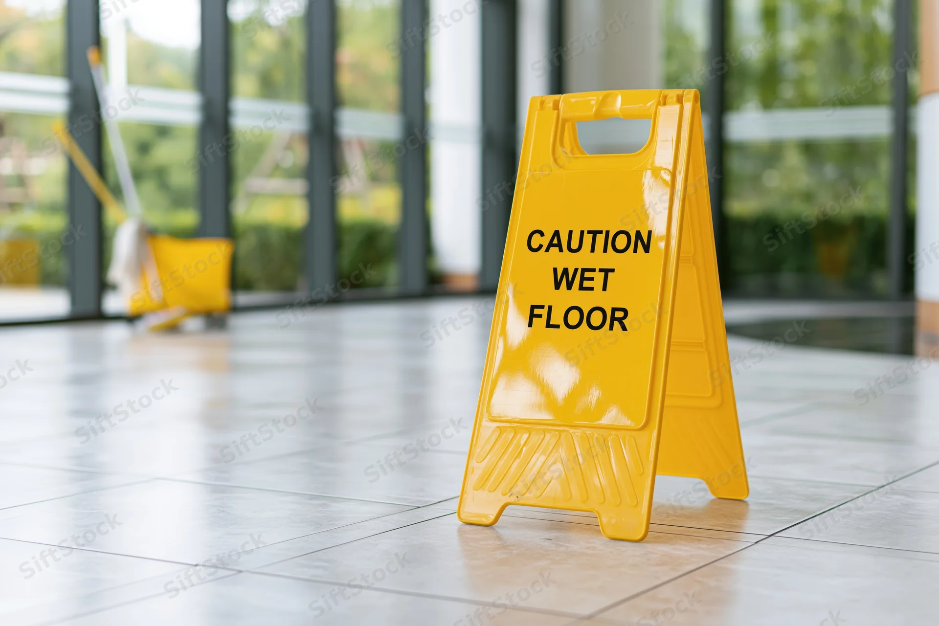 Yellow plastic caution wet floor aframe sign standing on tiled floor near glass doors with mop and bucket in background