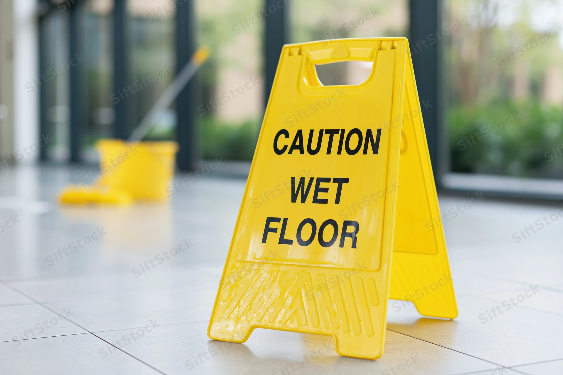 Yellow plastic caution wet floor aframe sign standing on tiled floor near cleaning bucket and mop in indoor lobby