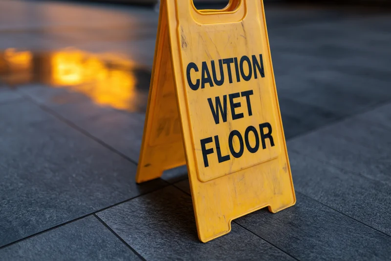 Yellow plastic caution wet floor a-frame sign standing on dark tiled floor near water puddle with reflected light