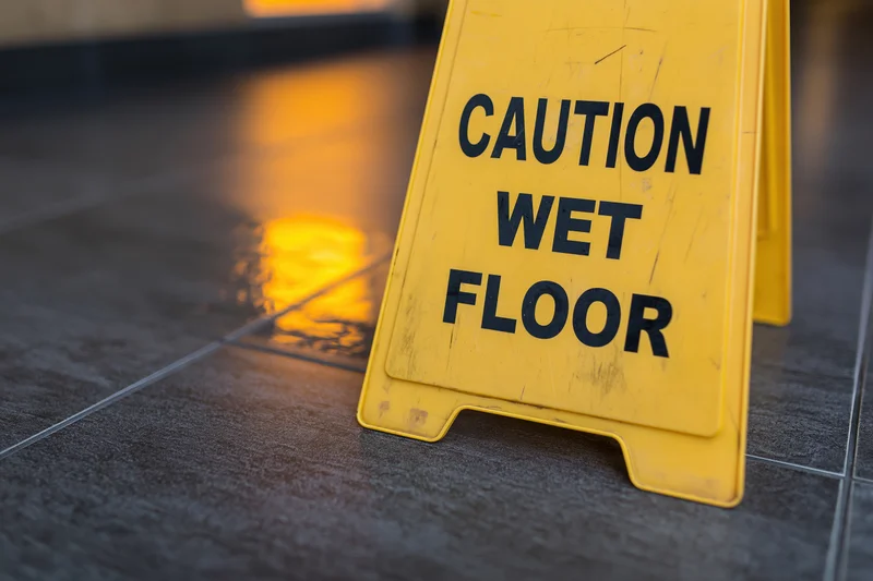 Yellow plastic caution wet floor a-frame sign standing on wet tiled floor with reflective light