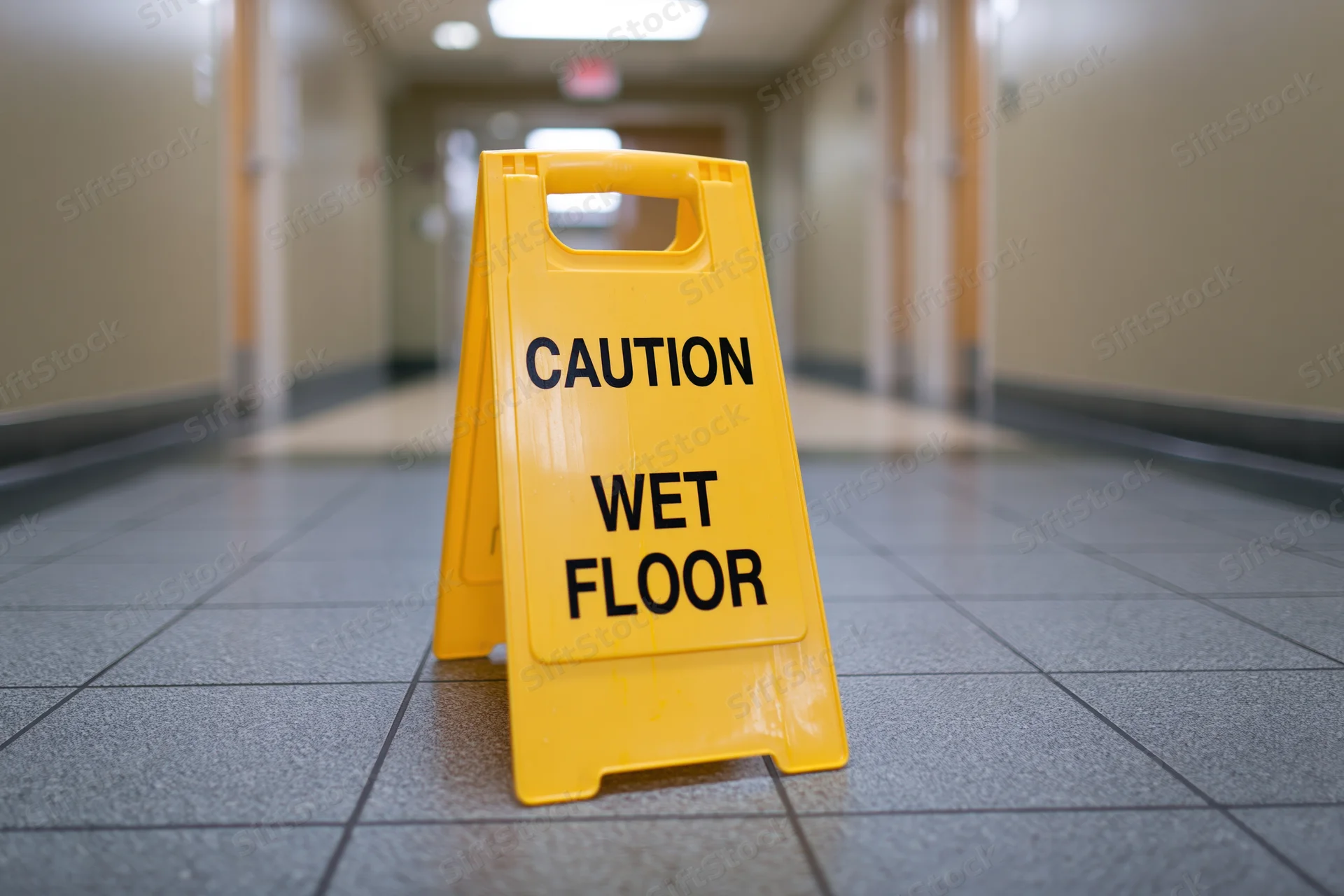 Yellow plastic folding caution wet floor sign placed on tiled hallway floor