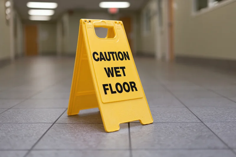 Yellow plastic caution wet floor folding sign standing on tiled hallway floor
