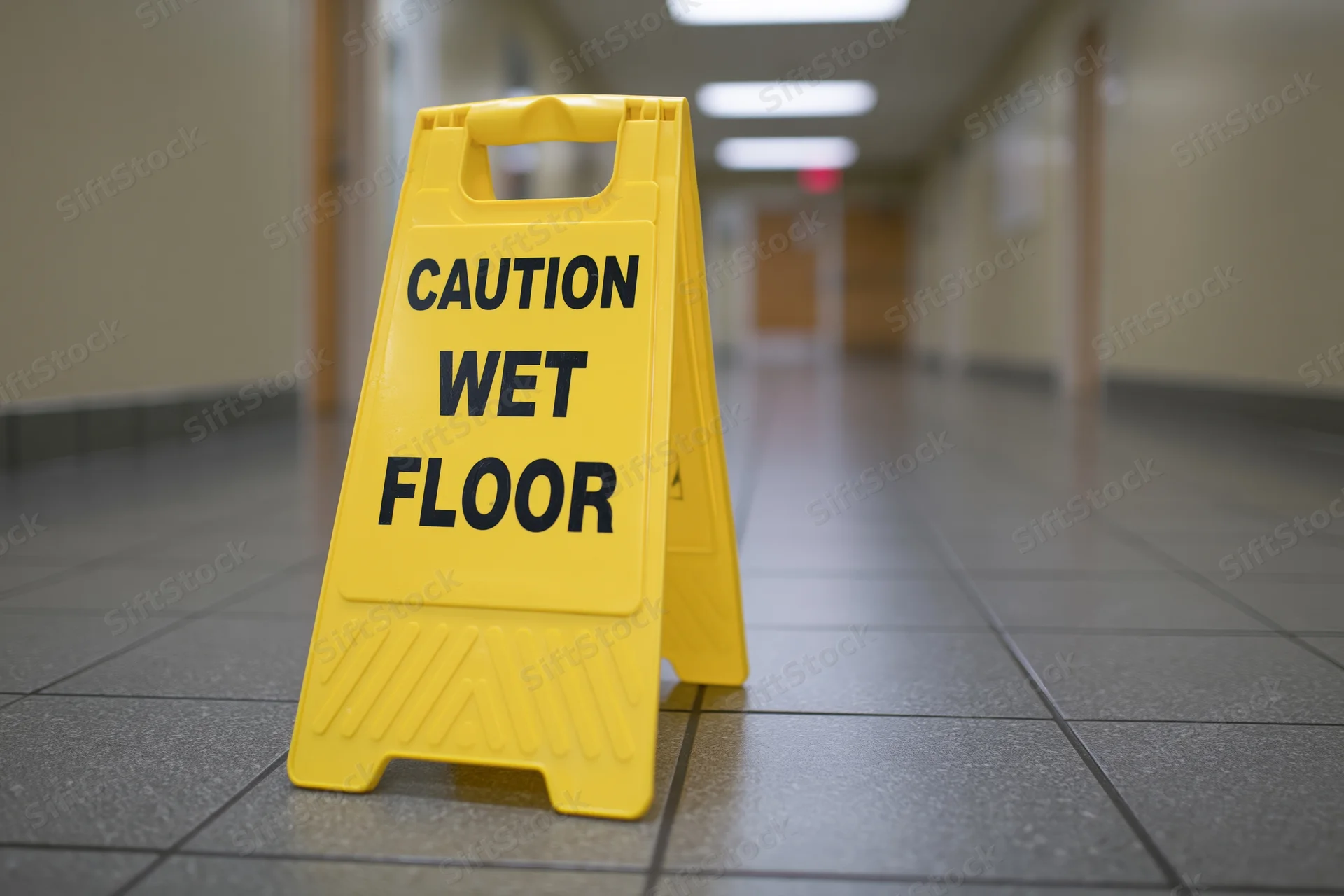 Yellow plastic caution wet floor folding sign placed on tiled hallway floor