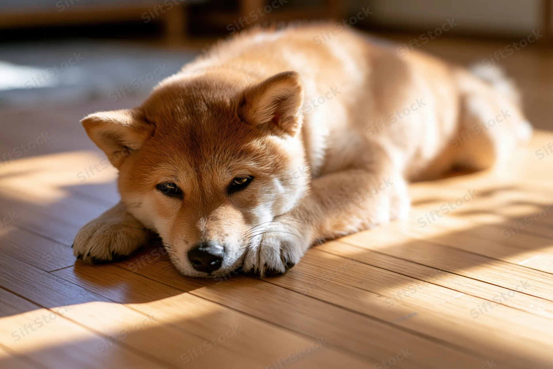 Young shiba inu puppy lying on hardwood floor in sunlight