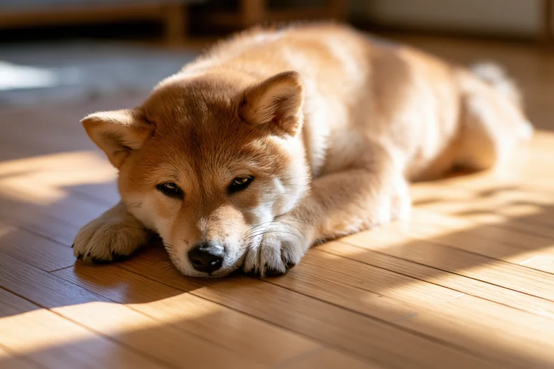 Young Shiba Inu puppy lying flat on hardwood floor