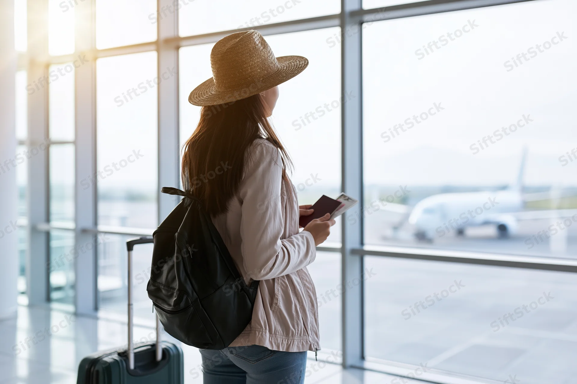 Young woman standing at airport terminal window holding passport and boarding pass, looking at plane outside