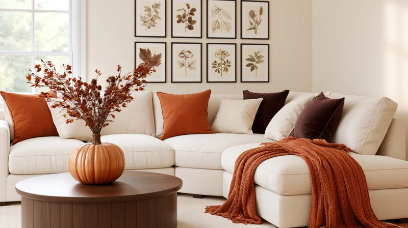 Cream sectional sofa with orange and brown pillows, throw blanket, and pumpkin centerpiece in autumn-decorated living room