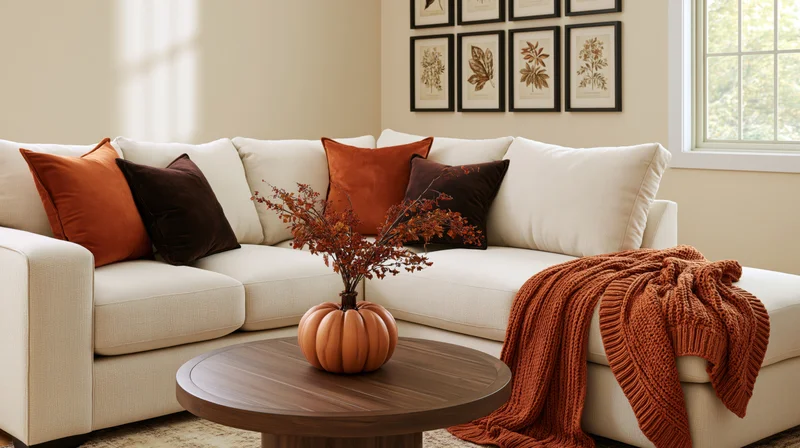 Cream l-shaped sofa with orange and brown cushions, pumpkin centerpiece on wooden coffee table, throw blanket draped over arm, framed botanical prints on wall, natural light from window
