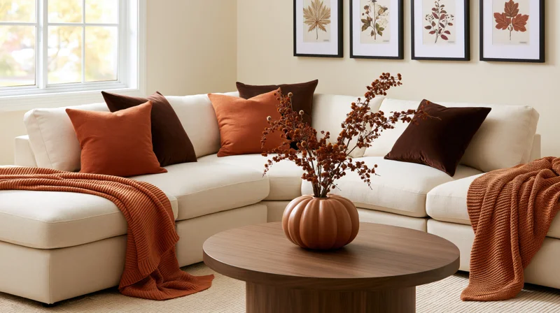 Cream sectional sofa with orange and brown cushions and throw blankets in a living room, centered around a wooden coffee table with a pumpkin vase holding dried branches, framed botanical prints on the wall, natural light from a window