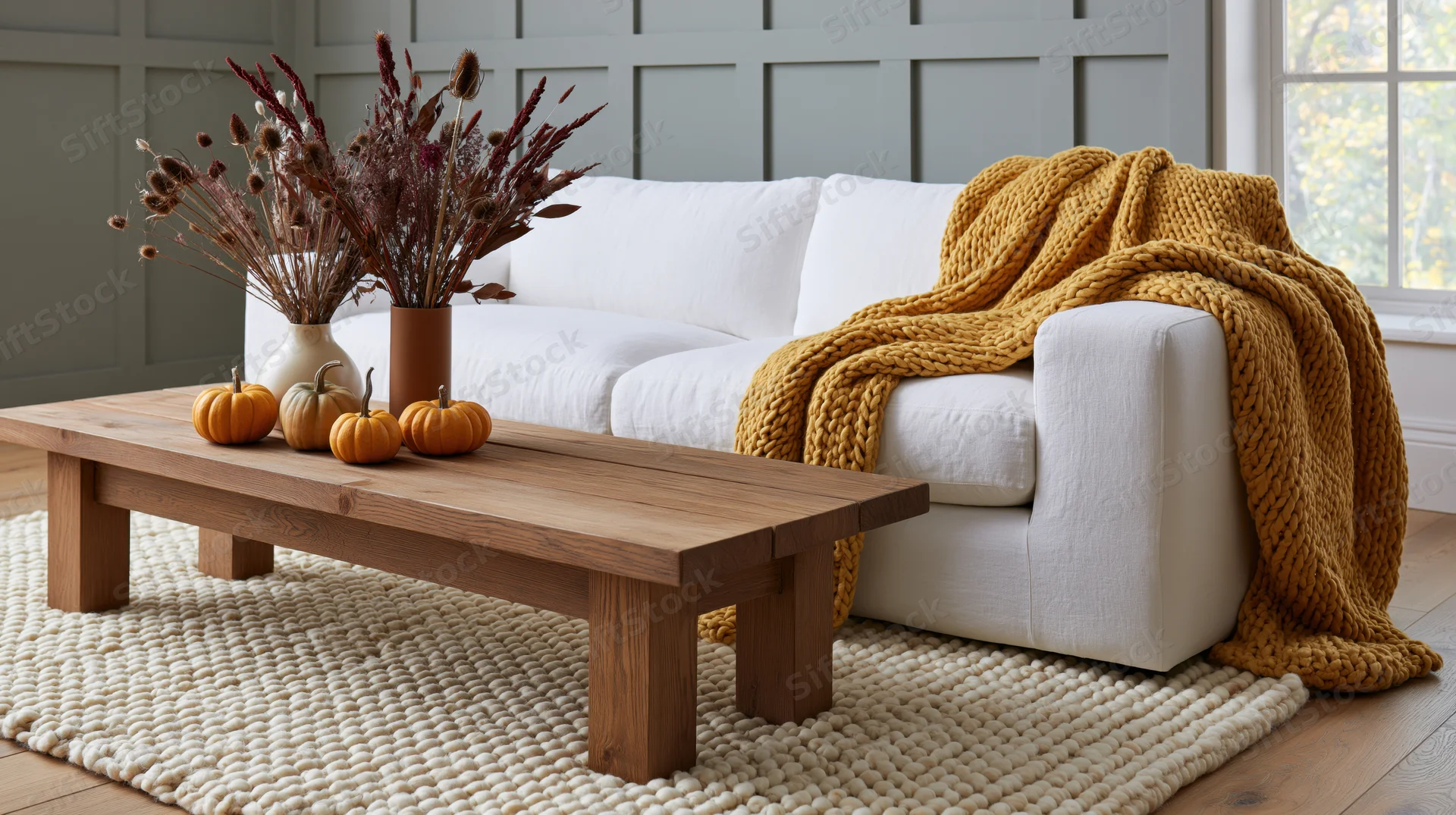 White linen sofa with knitted blanket and autumn decor on wooden coffee table in living room