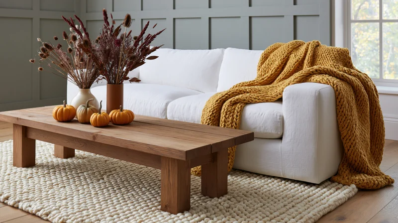White linen sofa with knitted blanket and autumn decor on wooden coffee table in living room