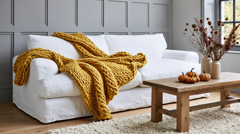 White linen sofa with yellow knitted throw and autumn decor on wooden coffee table in living room