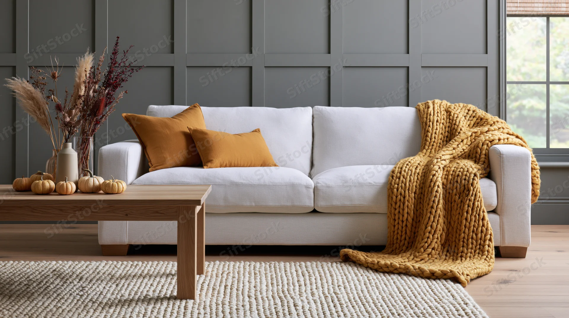 White linen sofa with mustard pillows and chunky knit blanket in autumn-decorated living room