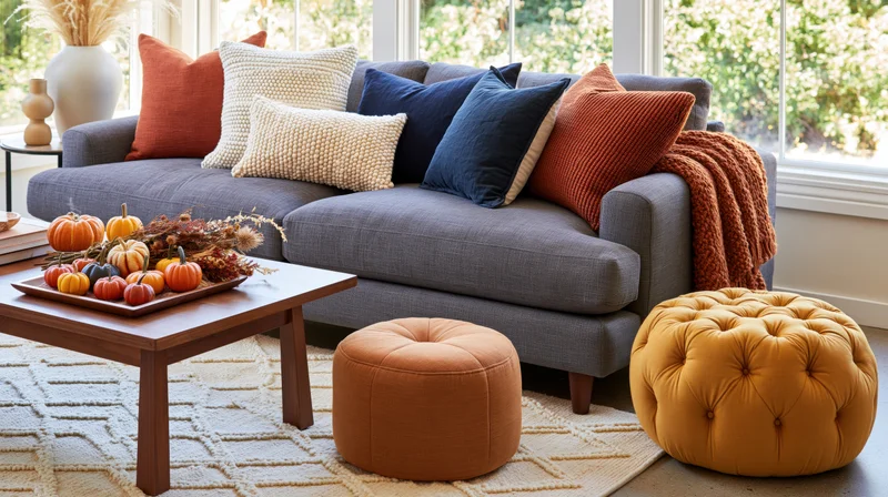Grey linen sofa with autumn decor and throw pillows in a bright living room