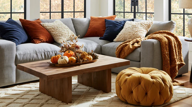 Grey linen sofa with autumn decor and wooden coffee table in living room
