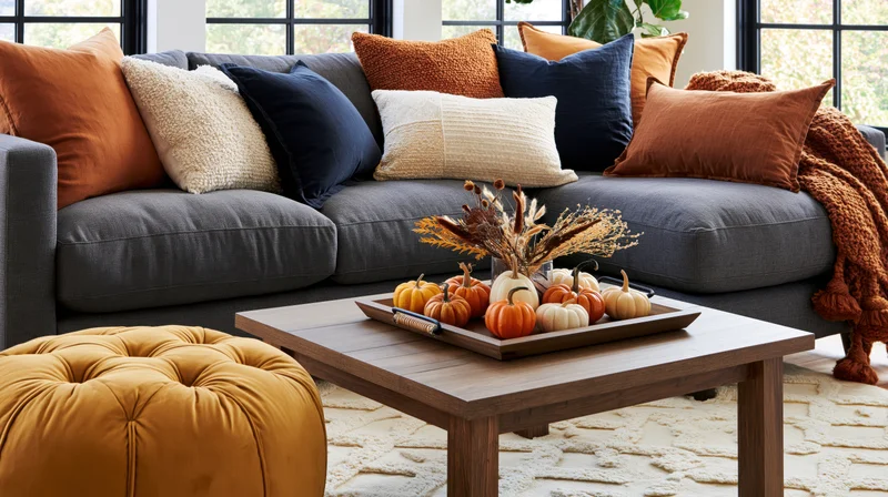 Autumn-decorated living room with grey sofa, coffee table holding pumpkins and dried flowers, surrounded by throw pillows and a textured rug