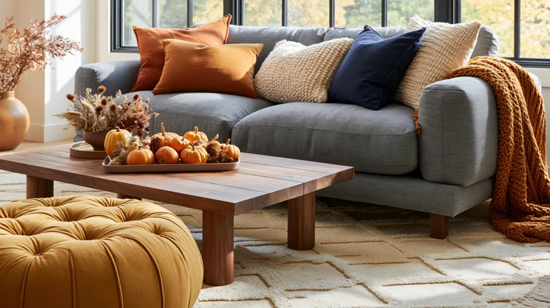 Grey linen sofa with autumn decor and pumpkins on coffee table in living room