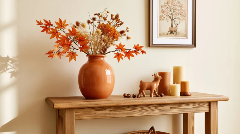 Autumn-decorated wooden console table with ceramic vase holding orange maple leaves and dried flowers, deer figurine, candles, and framed woodland art on beige wall