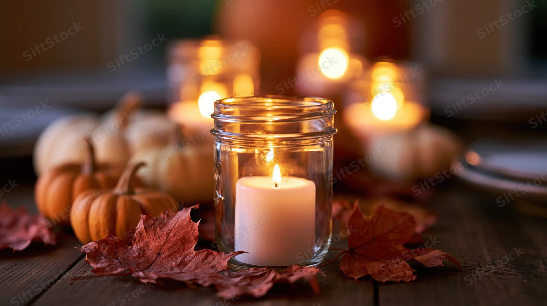 Lit white candle in glass jar surrounded by pumpkins and autumn leaves on wooden table