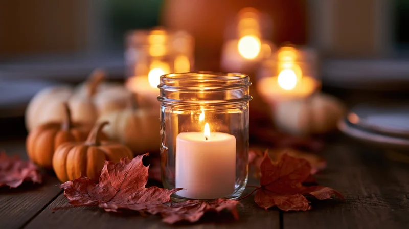 Lit white candle in glass jar surrounded by pumpkins and autumn leaves on wooden table