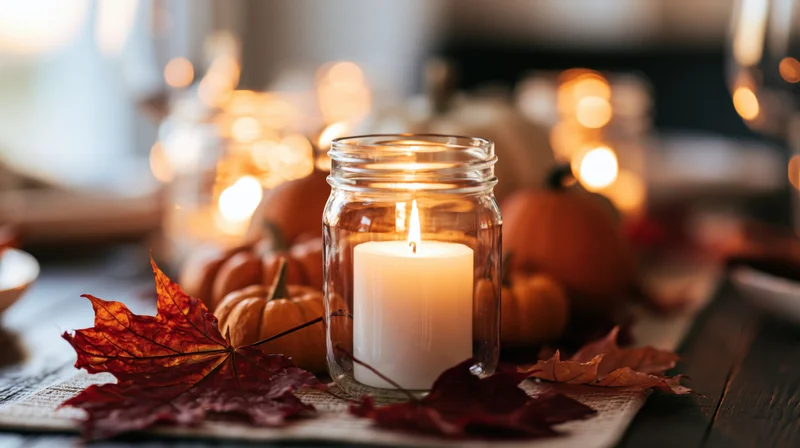 Lit white candle in glass jar surrounded by pumpkins and autumn leaves on a dining table centerpiece