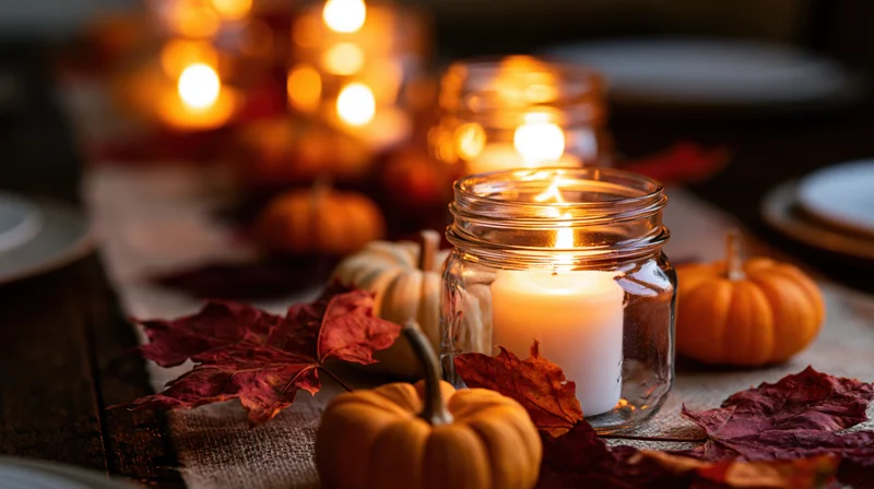 Lit white candle in glass jar surrounded by pumpkins and autumn leaves on a rustic table centerpiece