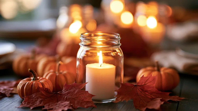 Lit white candle in glass jar surrounded by pumpkins and red leaves on wooden table