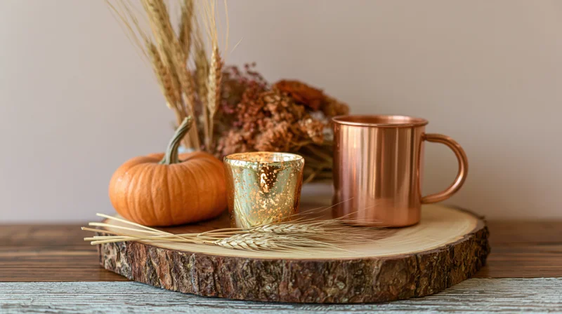 Autumn harvest arrangement on a raw wood slab with pumpkin, wheat, copper mug and candle holder