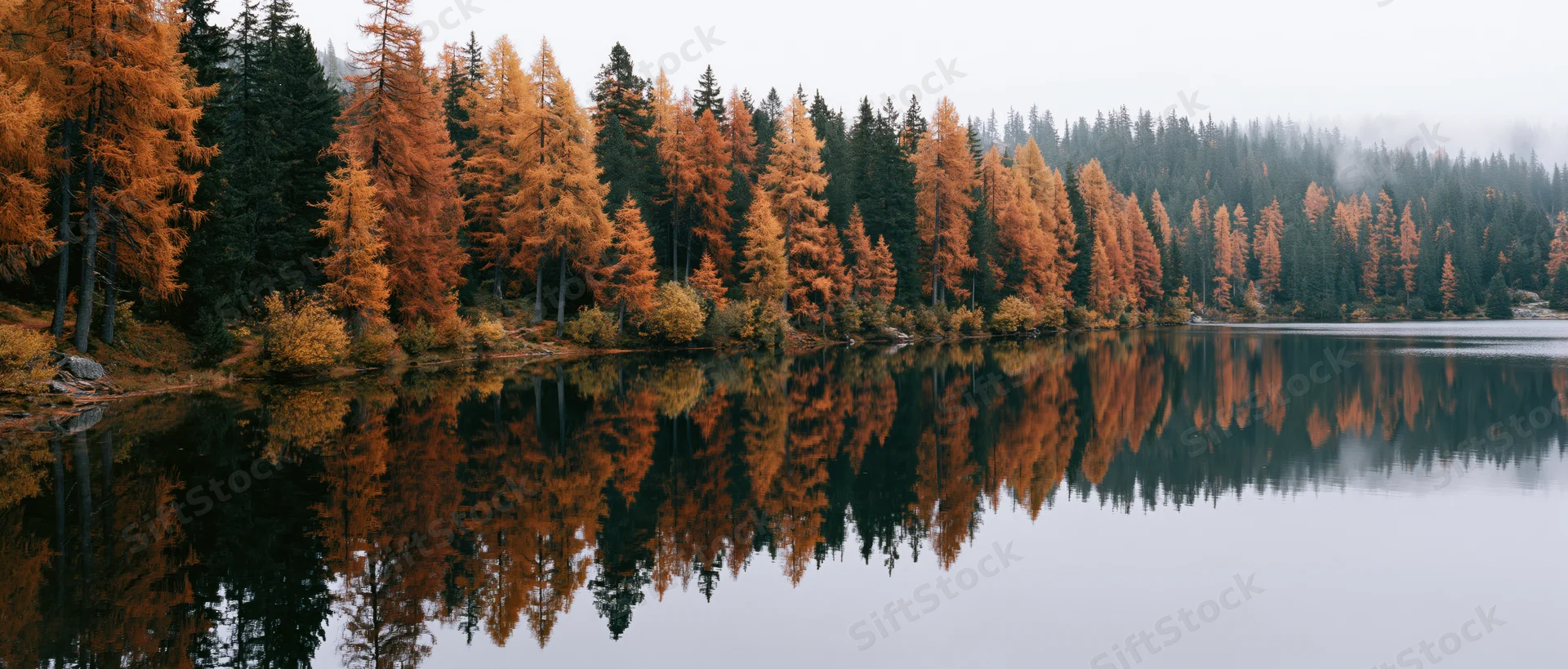 Autumn larch and pine trees reflected in calm alpine lake water