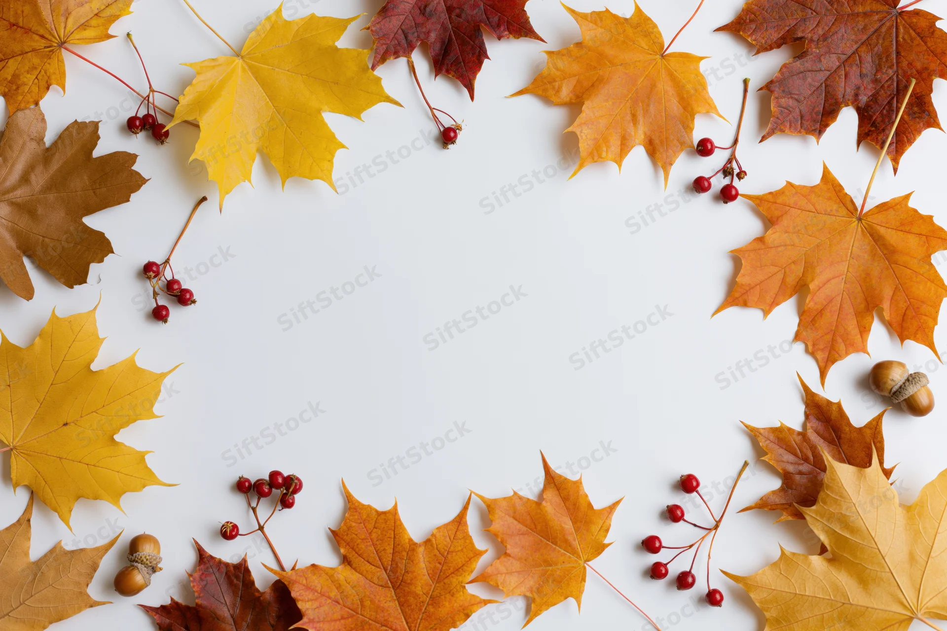 Autumn maple leaves and berries arranged in a loose border frame on a white background with copyspace