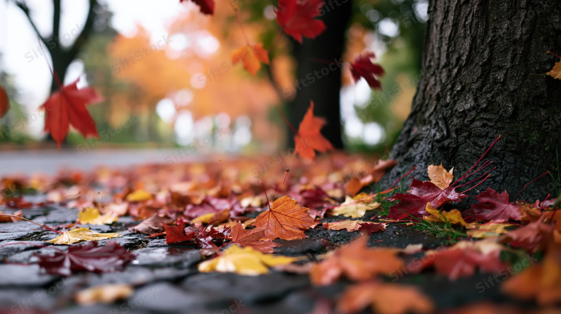 Autumn leaves falling and scattered across wet cobblestone near a tree trunk in a park