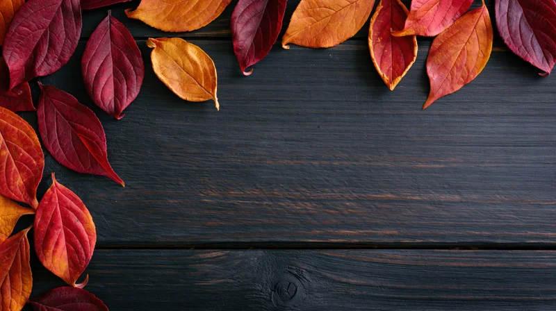 Autumn leaves arranged along the top and left edges of a dark wooden surface, leaving central copyspace