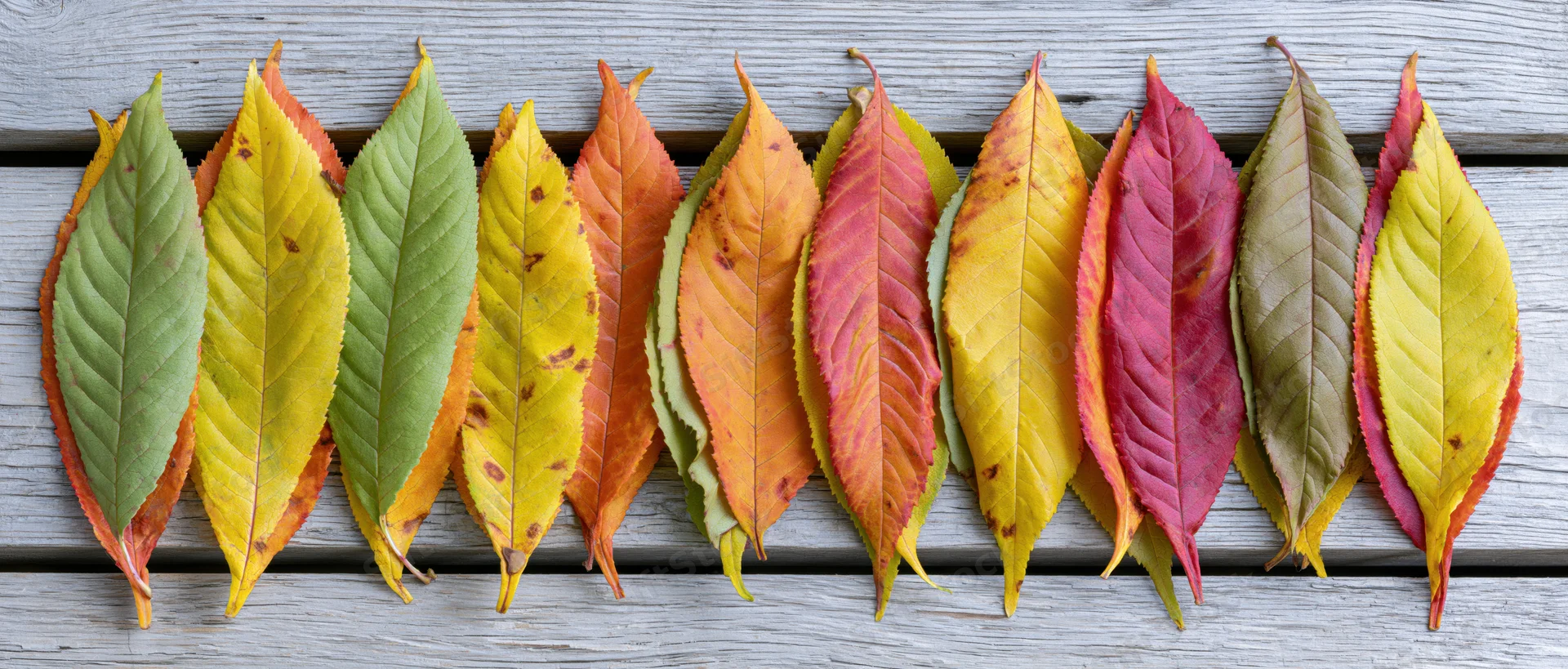 Colorful autumn leaves arranged in a row on a weathered wooden surface